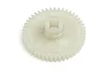 A white plastic spur gear for an RC car, viewed from an angle against a white background.