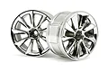 Two HPI Racing chrome-finished RC car rims with a multi-spoke design, shown against a white background.