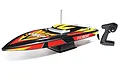 Pro Boat Sonicwake V2 36-inch RC speed boat in black, red, and yellow livery, displayed on a stand with its included pistol-grip radio transmitter.
