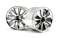 Two HPI Racing chrome-finished RC car rims with a multi-spoke design, viewed from an angle against a white background.