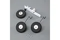 E-Flite Habu STS landing gear set including three foam wheels, metal struts, a white plastic mounting bracket, and small screws on a grey background.