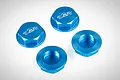 Four blue anodized aluminium flanged serrated wheel nuts for RC cars, showing both the top logo side and the threaded underside.