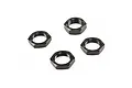 Four black serrated aluminium wheel nuts for RC vehicles arranged on a white background.