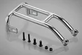 A chrome-plated steel RC roll cage part with four black screws and two black nuts arranged on a reflective grey surface.