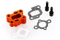 An orange anodized aluminium intake manifold for an RC engine, including two gaskets, a plastic spacer, and two black mounting bolts.