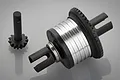Rovan RC differential assembly with a silver aluminium housing and black steel pinion gear on a grey background.