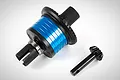 Rovan blue aluminium rear helical cut differential assembly with a separate black pinion gear on a white background.