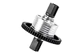 A silver aluminium RC centre differential assembly with a black plastic spur gear and black metal drive cups on a white background.