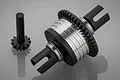 Rovan silver aluminium complete differential assembly with a separate black pinion gear on a grey background.