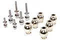 A collection of silver-coloured metal RC ball studs and ball ends arranged on a white background.