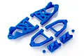 A set of blue plastic RC front suspension arms and mounting components arranged on a white background.