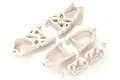 A set of white plastic front suspension arms and mounting components for an RC vehicle, arranged on a white background.