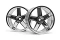 Two shiny chrome-finished five-spoke RC car rims standing side-by-side against a white background.