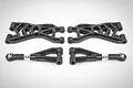 A set of black Rovan rear suspension arms and associated links for an RC vehicle, displayed on a plain white background.
