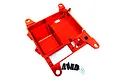 A bright orange anodized aluminium radio box for an RC car, shown with included black mounting screws and silver washers on a white background.