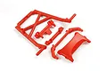 A set of red plastic RC roll cage and mount components laid out on a white background.