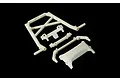 A set of white plastic RC roll bar mount components arranged on a black background.