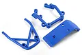 A set of three blue plastic RC car bumper and chassis components arranged on a white background.