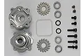 Rovan silver aluminium differential housing kit including two housing halves, two gears, bearings, O-rings, and various mounting screws.