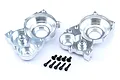 Two silver aluminium RC differential case halves and a set of eight black mounting screws on a white background.