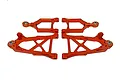A set of four orange anodized aluminium front suspension A-arms for an RC vehicle, arranged symmetrically on a white background.