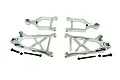 A set of silver aluminium front suspension A-arms for an RC car, including upper and lower arms with mounting hardware.