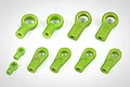 A set of ten green plastic RC ball end rod connectors of varying sizes arranged on a white background.
