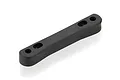 A black plastic suspension arm pin mount for an RC car, shown from a high angle against a white background.