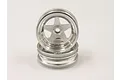 A pair of satin chrome 5-spoke RC car rims stacked on a white background.