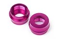 Two purple anodized aluminum big bore shock caps for Hot Bodies RC cars, shown from top and side angles.