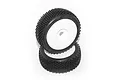 Two Hot Bodies RC buggy wheels with black block tread tyres mounted on white dish rims, stacked against a plain white background.
