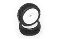 Two black rubber RC buggy tyres with block tread patterns mounted on white plastic dish rims, stacked against a white background.