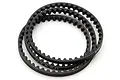 A black toothed drive belt for an RC car, coiled in a circle against a white background.