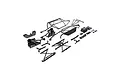 A collection of black plastic RC car roll cage and chassis components for an Axial Capra 4WS UTB, laid out on a white background.