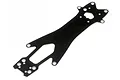 A flat, black carbon fibre main chassis plate for an HPI Micro RS4 RC car, featuring various mounting holes and a central cutout.