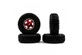 A set of four 1/24 scale RC crawler wheels with red 5-spoke aluminium rims and black rubber off-road tyres against a white background.