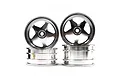 A set of four silver 5-spoke aluminium RC car rims stacked against a white background.