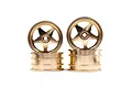 Four gold-coloured 5-spoke aluminium RC car rims stacked against a white background.