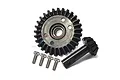 GPM Racing carbon steel differential gear set including a large ring gear, a small pinion gear, and four mounting screws on a white background.
