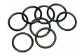 A cluster of eight black rubber O-rings arranged on a plain white background.