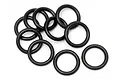 A cluster of ten black rubber O-rings arranged on a plain white background.