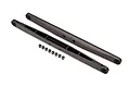 Two grey anodized aluminium rear trailing arms for a Traxxas RC vehicle, shown with a set of small hollow balls.