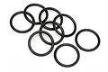 A cluster of eight black rubber O-rings arranged on a plain white background.