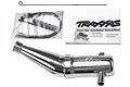 Traxxas 1/10 scale tuned exhaust pipe and resonator set, including installation instructions, zip ties, and a metal wire hanger.