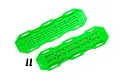 Two bright green scale recovery boards for RC crawlers with two black mounting screws on a white background.