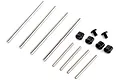 A set of LaTrax RC suspension arm pins including various lengths of metal pins, small black plastic caps, and two small black screws.