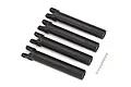 Four black Traxxas Maxx outer driveshafts arranged diagonally with small metal clips on a white background.