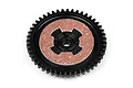 A black 47T spur gear for HPI Savage RC vehicles with a brown slipper clutch pad attached to the center.
