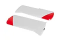 Two white foam RC airplane wings with red wingtips, shown from a high angle against a white background.