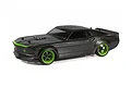 A 1/10 scale RC car body shell of a 1969 Ford Mustang GT-R in metallic black with bright green accents and green wheels, shown against a white background.